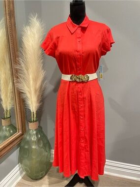 ANTONIO MELANI Linen Blend Button Up Midi Dress in Blazing Red (8) - NWT